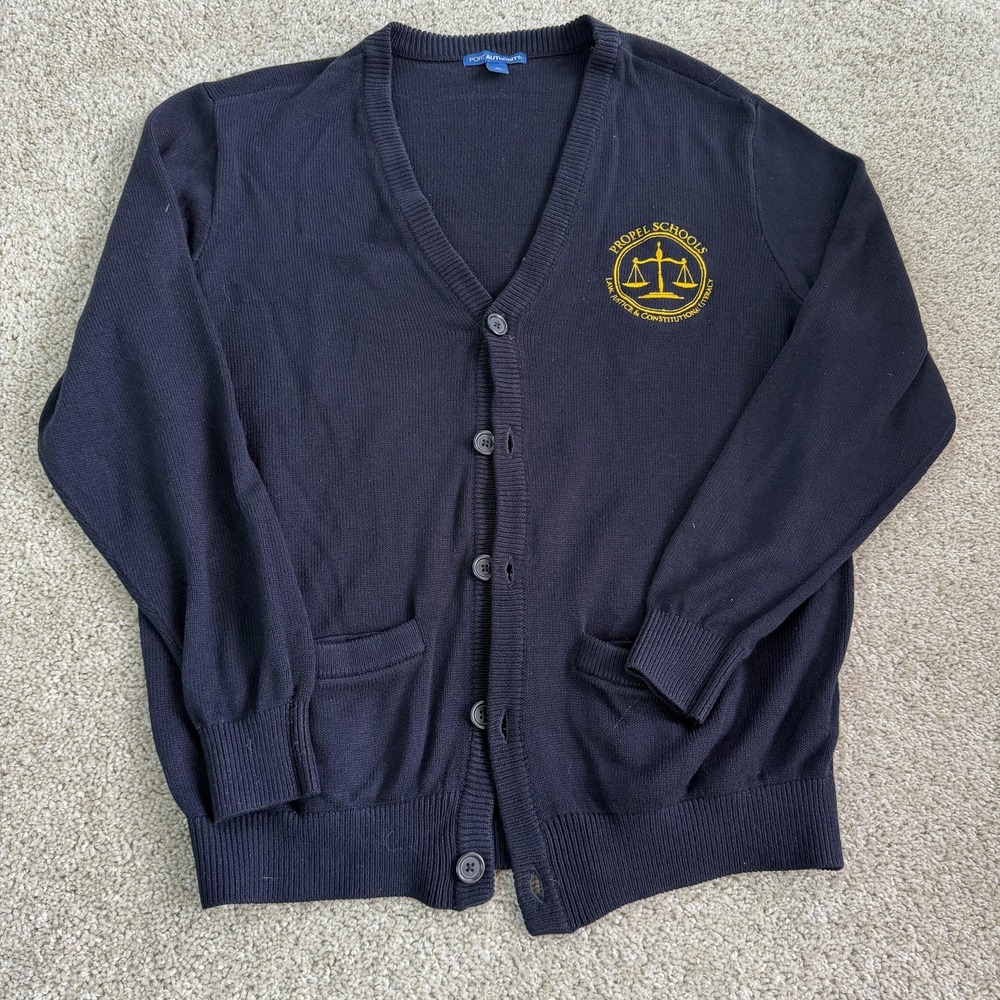 Port Authority Sweater Mens Large Blue Tight Knit Cardigan Pockets School Logo
